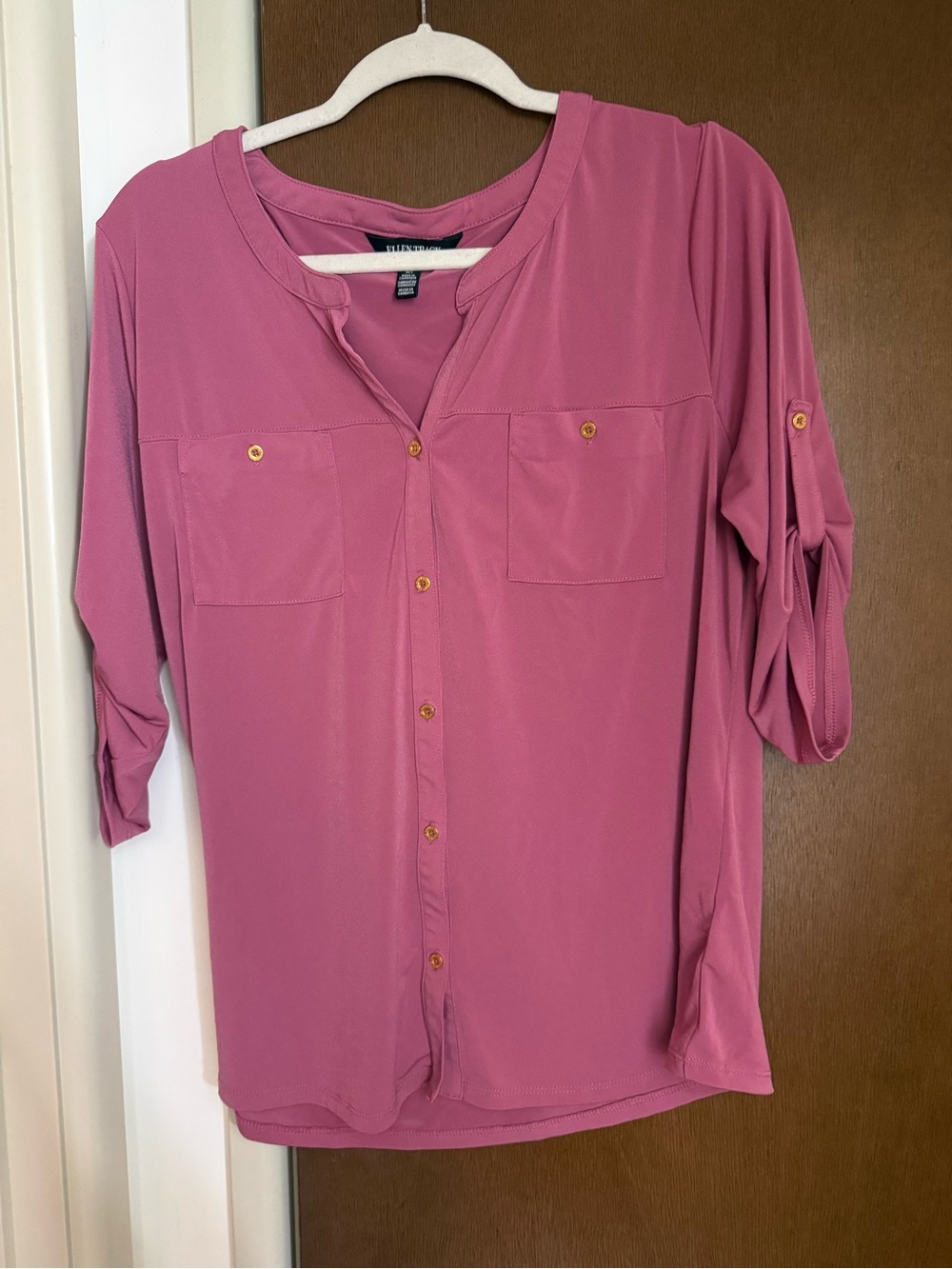 Ellen Tracy Rose Pink Roll-Tab Button Down Blouse